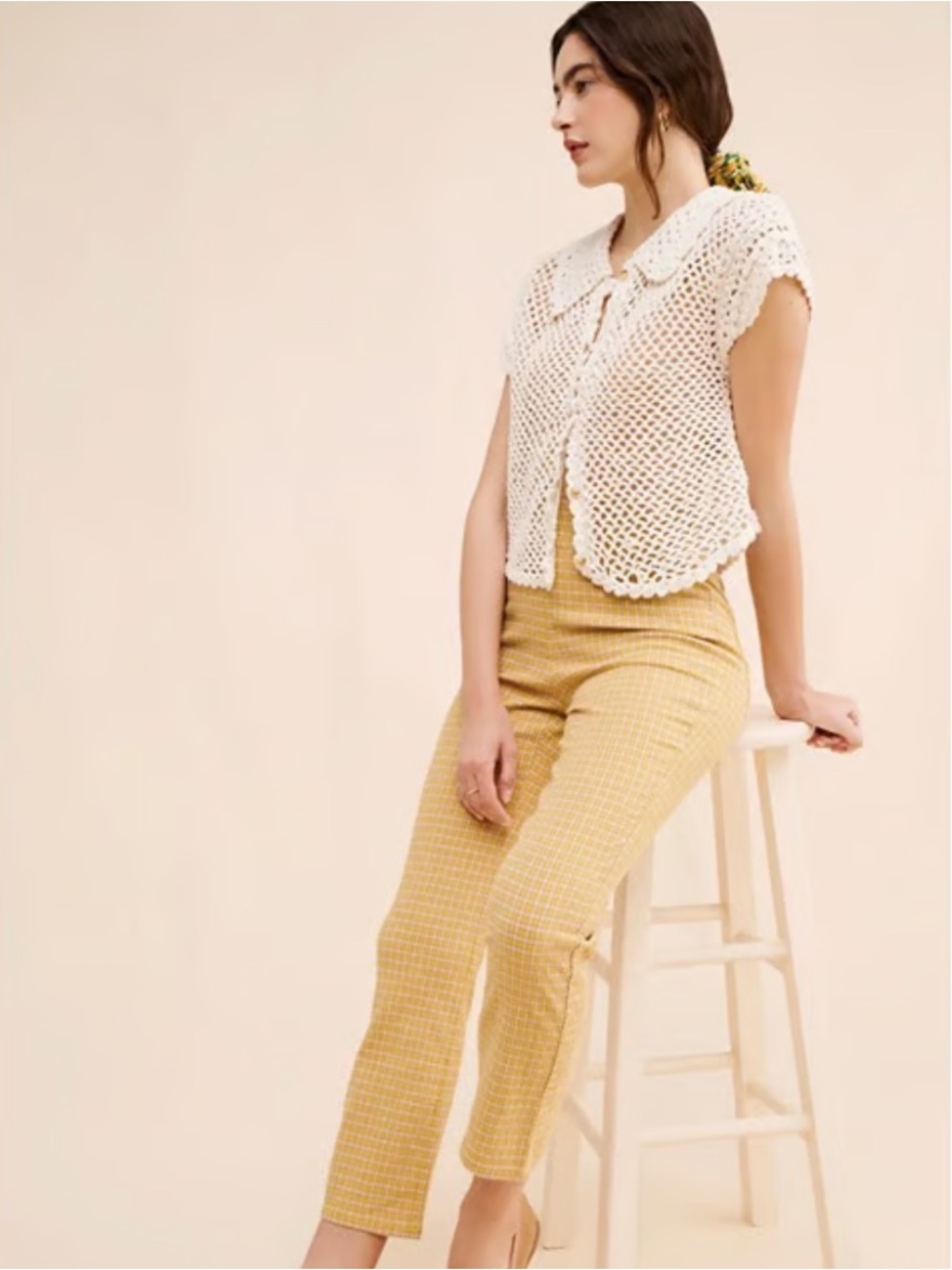 Free People In My Feelings Slim Crop Gingham Plaid Pants in Yellow - Picture 2 of 11